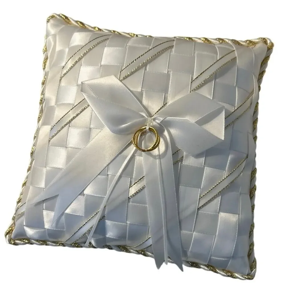 Vtg Wedding Ring Pillow Wht satin woven ribbons gold trim 90’s Early 2000’s NOS